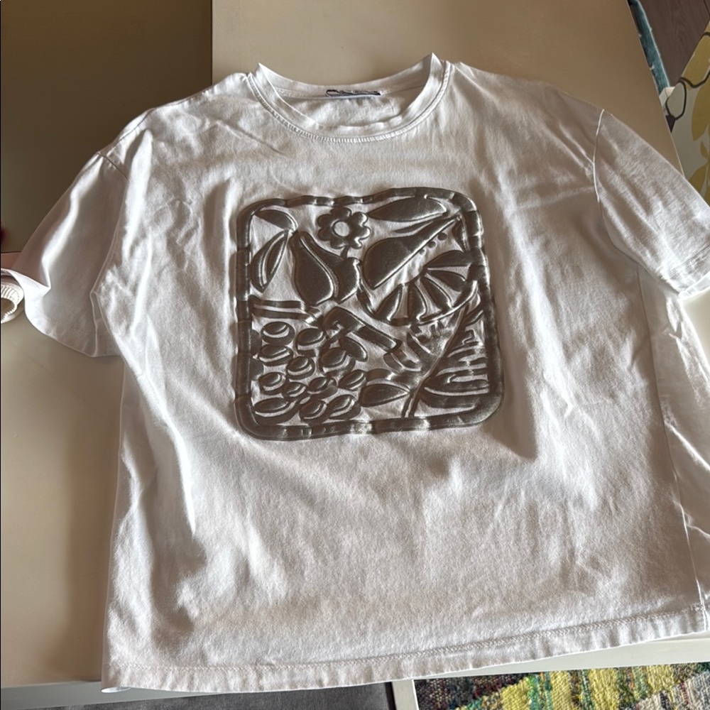 Zara White Short Sleeve Tee with Graphic Design
